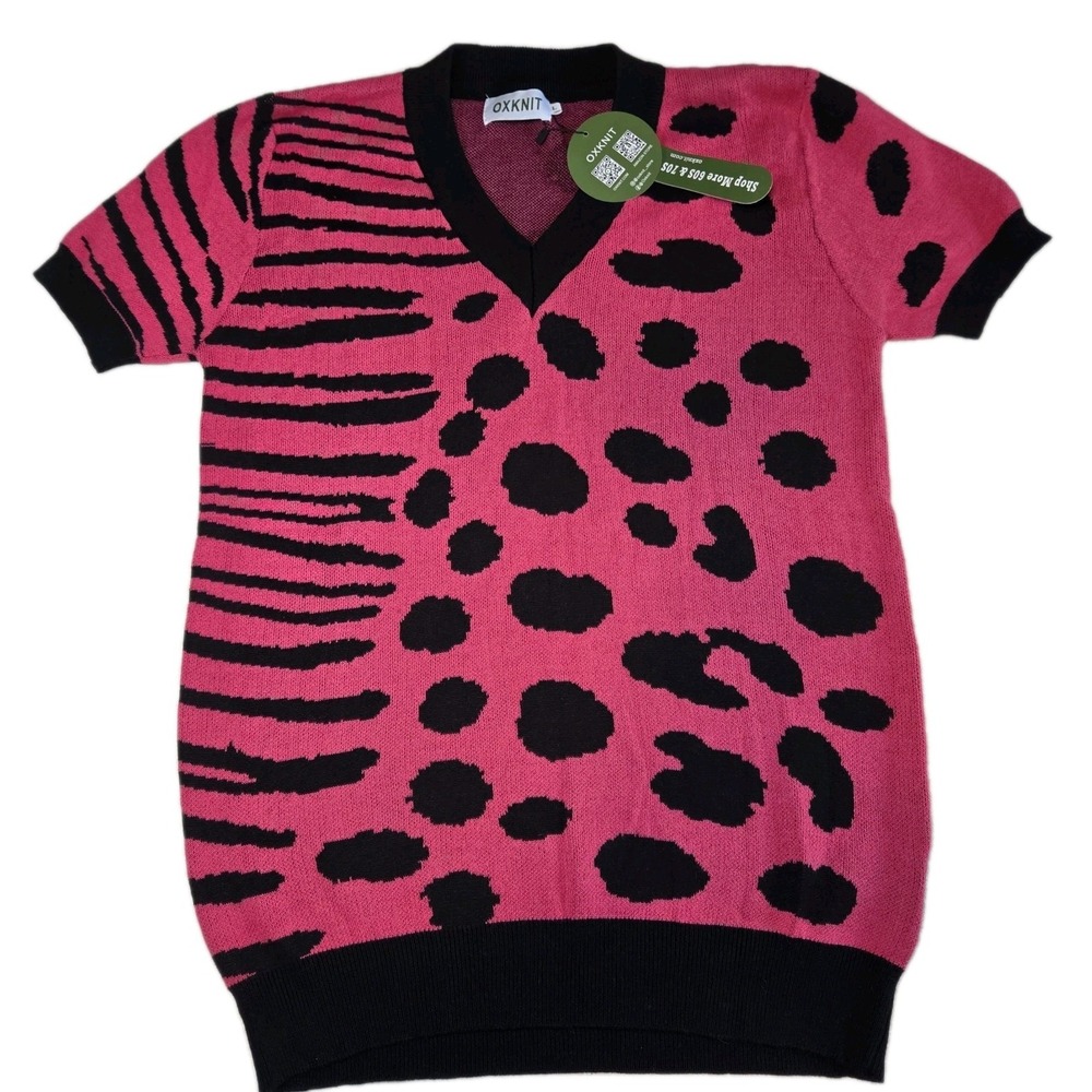 OXKNIT Short Sleeve Sweater Womens Large Pink Cotton Animal Cheetah Zebra NEW